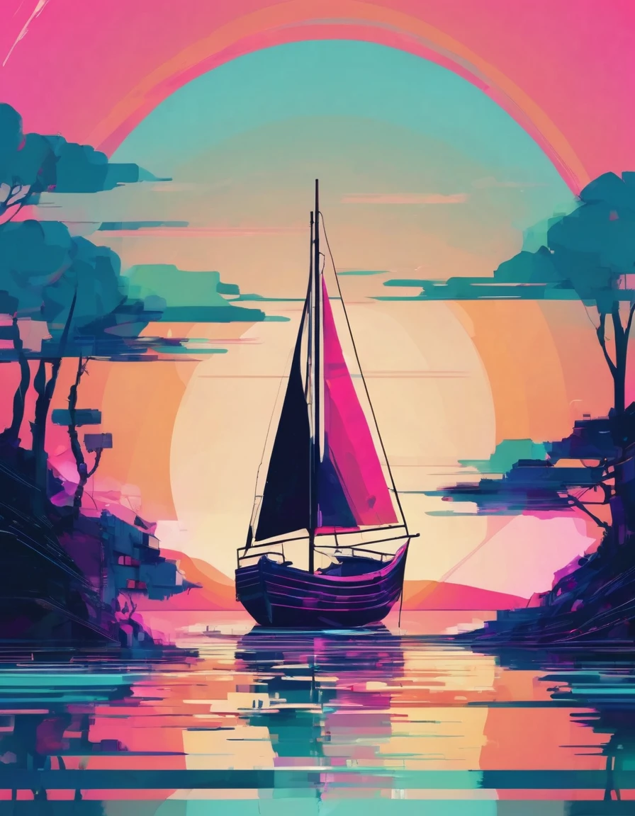An illustration of Boat, glitch art, minimalism, in the style of modern illustration, sumer colors, fantasy