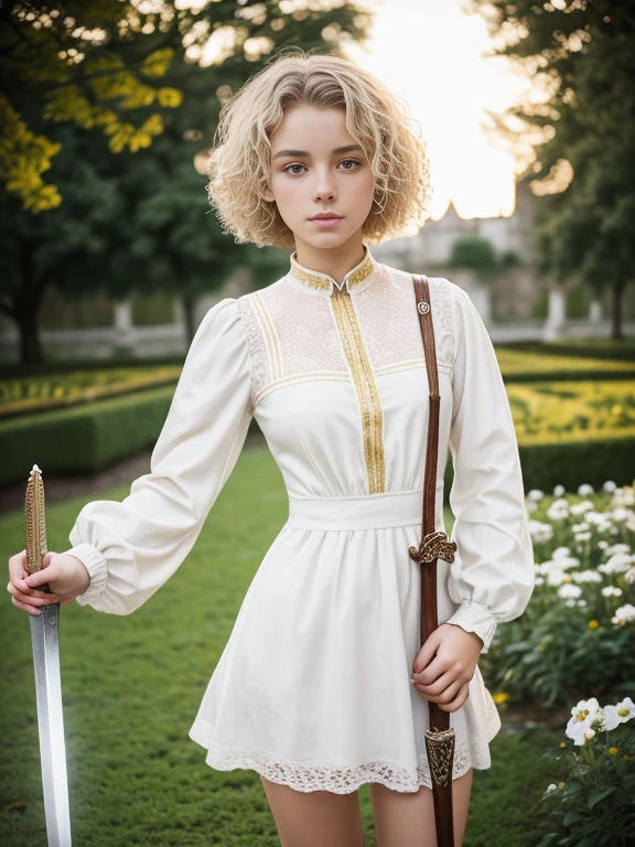 18 year old girl, Lovely, very short hair, Very curly, White color, slim, flat bust, with freckles on the face, with slavic features, with long sleeve dress, yellow, whole body, shows her legs, in the castle garden, at night, holding a sword in his hand.