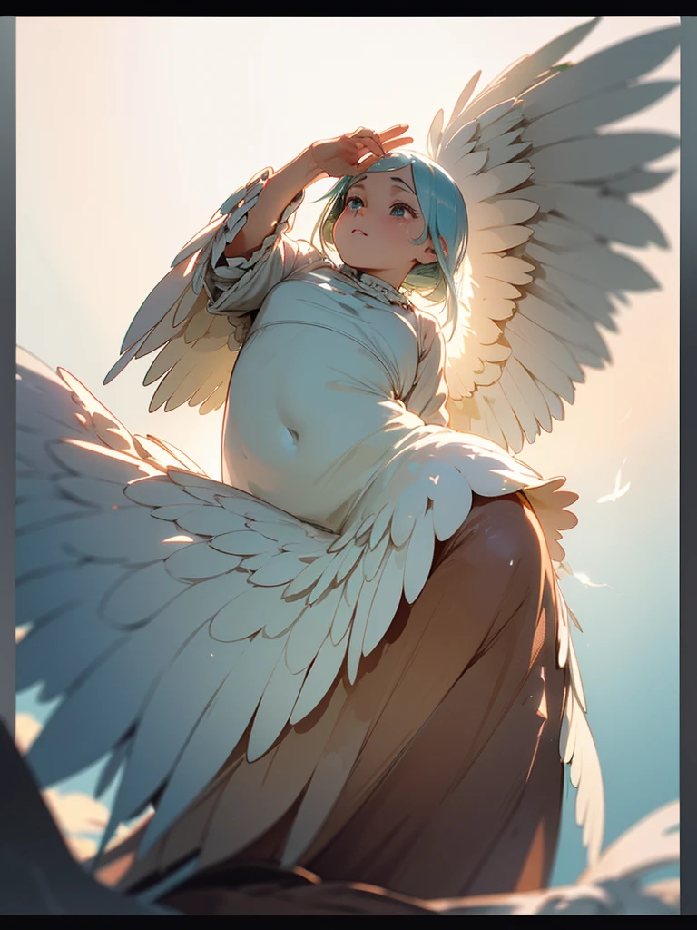 (Sumilux f1.4 24mm , low Latitude old color negative film , cross process , bokeh, flare, chromatic aberration , soft focus, (Shallow focus) , soft glow , Maximum aperture, High Key , Transparent depiction) , Wide angle , anime Harpy girl , kawaii round face , skinny body , Dress made of feathers , Many feathers fluttering down , looking away , clothed erotica , Opera singer pose , on the The peak of the rock , Strong winds , Cloaca , (White excrement shot) , Hide with feathers , leaning forward , Film Sprocket