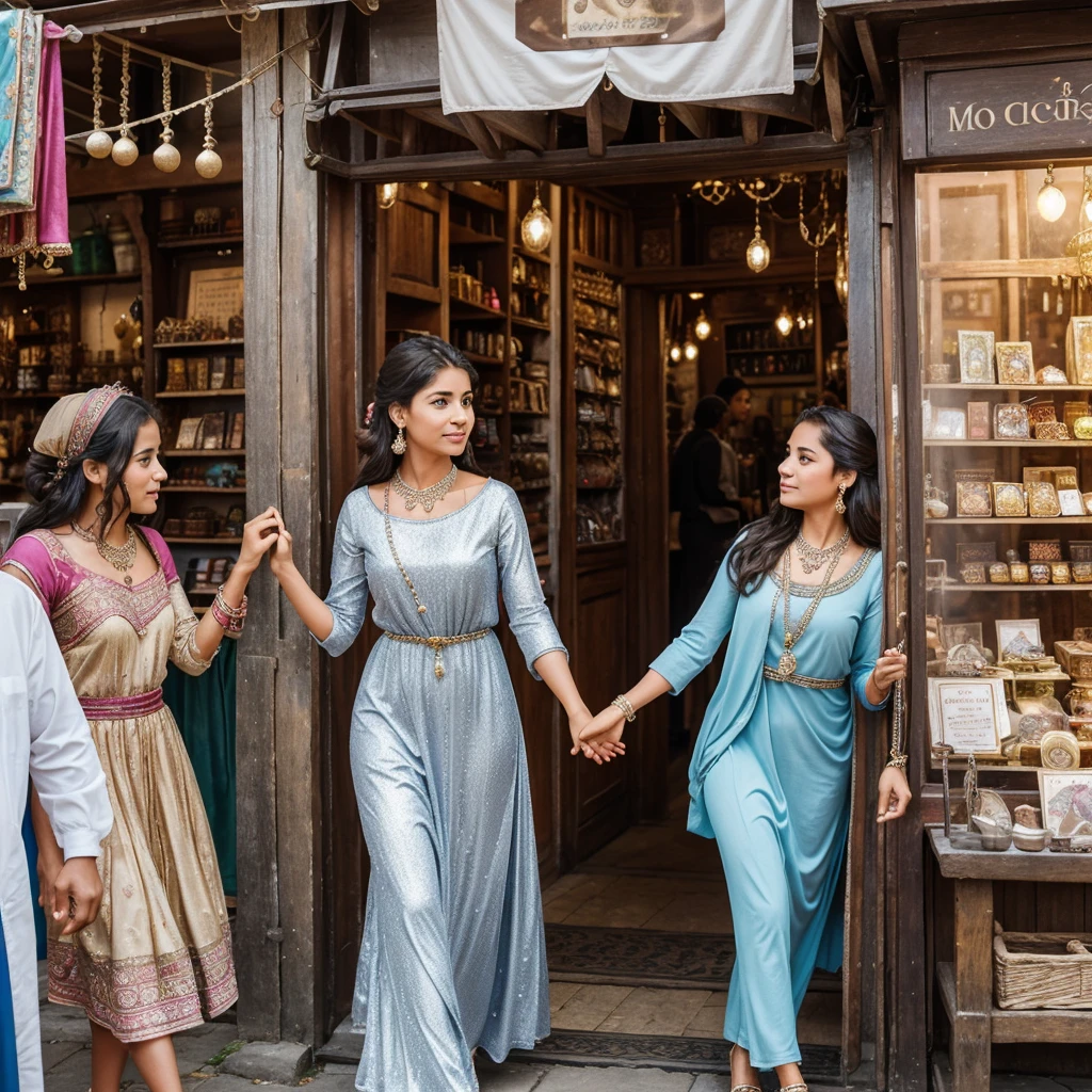In the heart of a bustling village fair, a poor girl named Maya walked hand in hand with her family. Their eyes sparkled with excitement as they explored the vibrant stalls. Among the colorful array of goods, a modest silver shop caught Maya's eye. Despite their humble means, the intricate jewelry seemed to beckon her with a promise of elegance and beauty. As they approached the shop, Maya's heart filled with a mix of hope and longing. What awaited them at the silver shop, and how would this moment shape their lives?animated