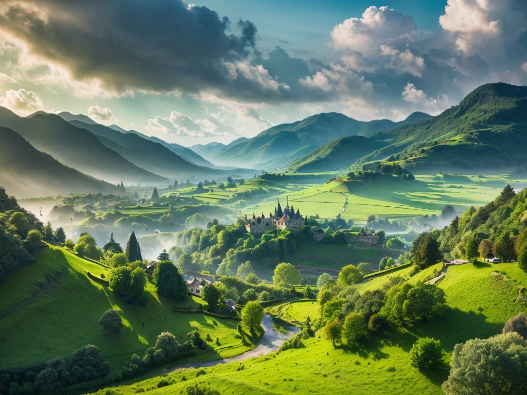 A detailed fantasy landscape, rolling green hills, lush forests, a majestic castle in the distance, sunlight filtering through the clouds, a winding river, vibrant colors, intricate details, (best quality,4k,8k,highres,masterpiece:1.2),ultra-detailed,(realistic,photorealistic,photo-realistic:1.37),fantasy,digital art,matte painting