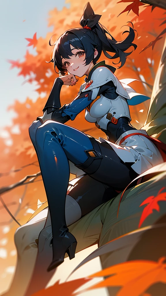 One girl、alone、Anime-style paintings、Dark blue-black hair, Side Ponytail, smile, Laugh together、armor、Bodysuits、boots、Fits perfectly to the skin、skirt、thigh boots、Knee socks、Perfect lighting、Autumnal leaves々、Momiji Park、Background Blur, Written boundary depth