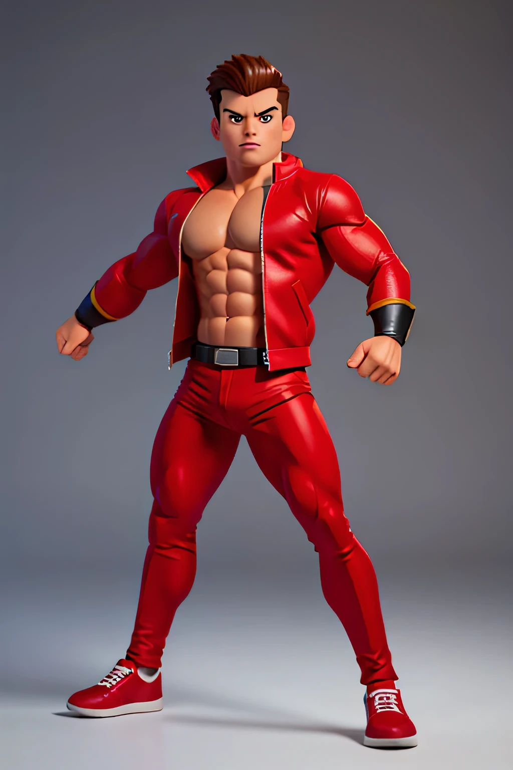 Make a super muscular boy, he should be wearing a red jacket and black pants and brown hair