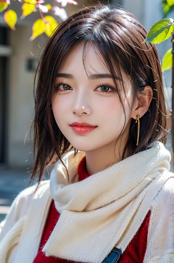 (RAW shooting), (((Overall image)))、35age、((Red sweater with high neck))、White scarf around neck、Long thin earrings、Round eyes、Cheek on ear、correct、make、smile、Biting the lower lip、(((Close one eye and wink)))、Soft lips、誘惑的なsmile、Sparkle、Darker lipstick、Cheek on nose、(Autumn leaves)、((Watery eyes))、Asymmetrical Hair、Real Skin、Blonde Hair、Very realistic,Gray Hair、Messy Hair、Hair behind the ear、Floating Hair、Boyish Hair、Blunt bangs、Drop Shadow、Hyperrealism、Contemporary Art、shine、reflected light、Ultra Wide Angle、16K、Super detailed、最high quality、uhd、Anatomically correct、Awards、最high quality、Ultra high detail、high quality、High resolution、Textured skin、correct、masterpiece、Cold Pose:1)、