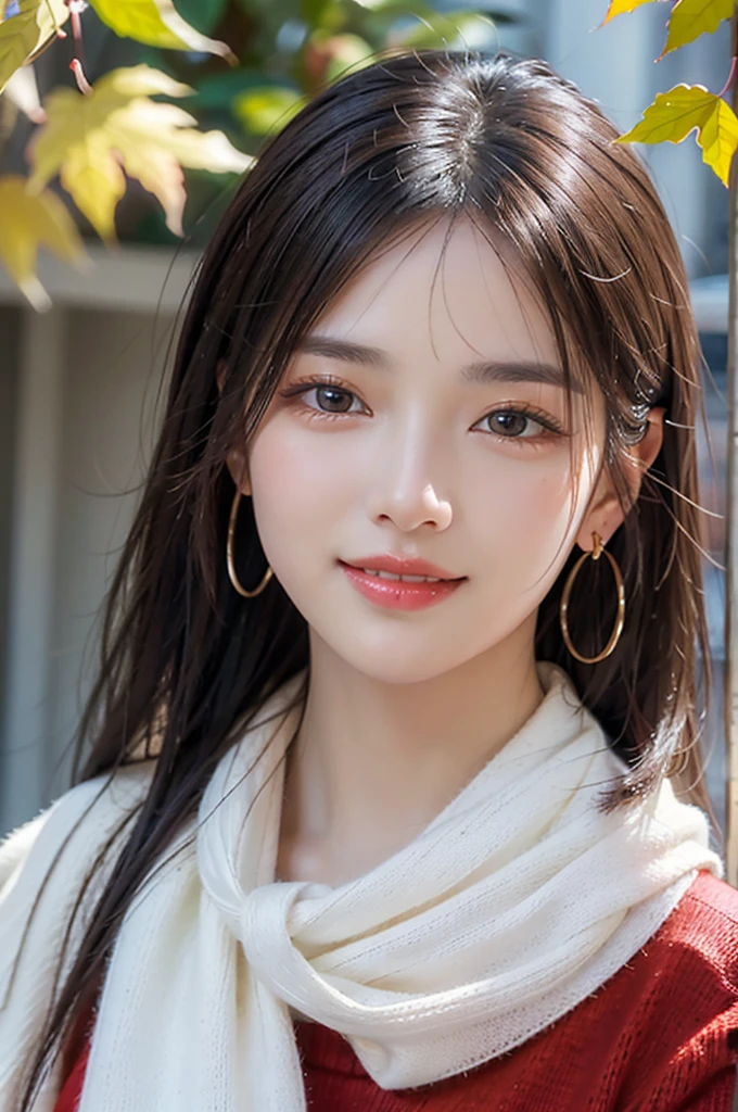 (RAW shooting), (((Overall image)))、35age、((Red sweater with high neck))、White scarf around neck、Long thin earrings、Round eyes、Cheek on ear、correct、make、smile、Biting the lower lip、(((Close one eye and wink)))、Soft lips、誘惑的なsmile、Sparkle、Darker lipstick、Cheek on nose、(Autumn leaves)、((Watery eyes))、Asymmetrical Hair、Real Skin、Blonde Hair、Very realistic,Gray Hair、Messy Hair、Hair behind the ear、Floating Hair、Boyish Hair、Blunt bangs、Drop Shadow、Hyperrealism、Contemporary Art、shine、reflected light、Ultra Wide Angle、16K、Super detailed、最high quality、uhd、Anatomically correct、Awards、最high quality、Ultra high detail、high quality、High resolution、Textured skin、correct、masterpiece、Cold Pose:1)、
