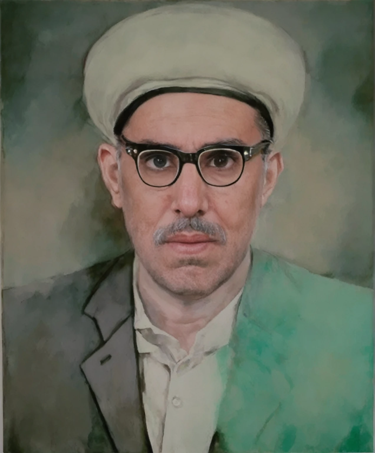 3D cartoon style, old man around 60-70 years old with slightly fuller cheeks and a clear jawline, wearing glasses with thick dark frames, thick black eyebrows, big and sharp nose, thin lips that look serious, a thin mustache above his lips and his beard was short and slightly gray. He wore a white imamah or turban tied neatly on his head, a dark jacket, a white collared shirt, and a green turban with white stripes on his left shoulder. Solid background. Soft photography lighting, 3D rendering, UHD