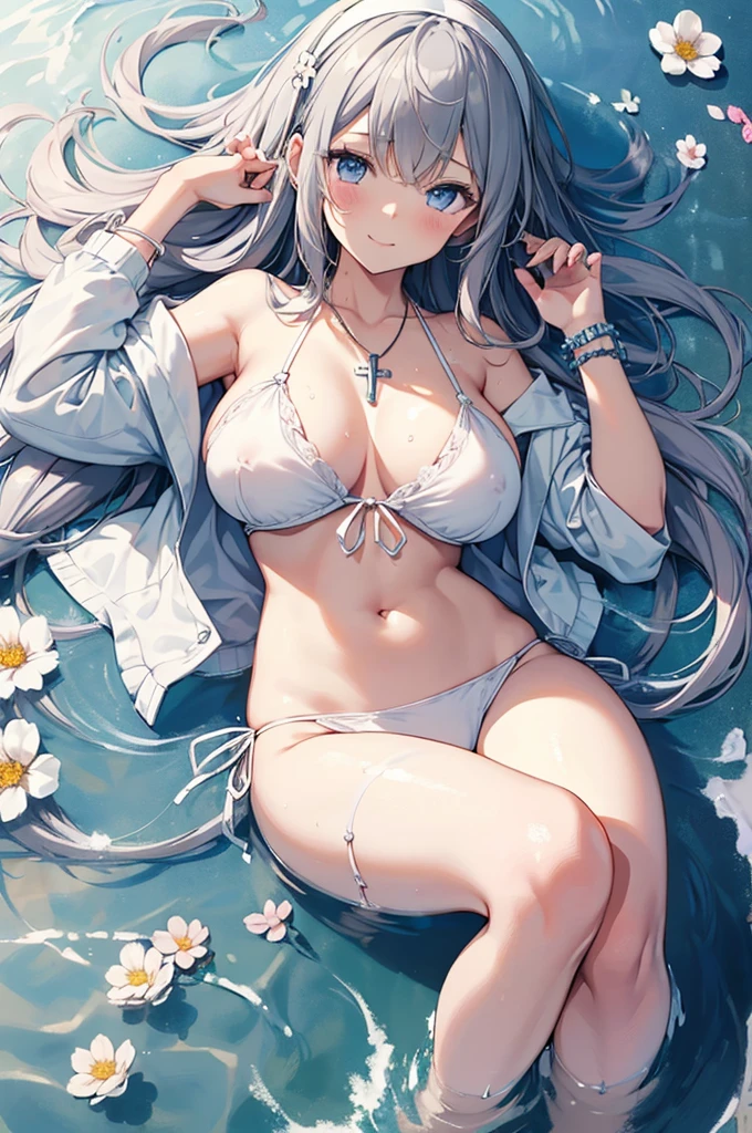 ((girl kawaii)), a extremely delicate and beautiful girl, beautifully painted, cute, sense of digital, best detailed girl, lying on the lake, wet, girl, young, long hair blown up, Hair with flower, (grey hair), cute face, (smile), complex details beautiful and delicate eyes, closed mouth, (large breasts), thighs, pale blue eyes, white skin, hairband, cross necklace, Bracelet, (white bikini), cardigan, white Clothes, (beach),( beautiful blue sky and white clouds), bloom effect, (((wallpaper 8k CG))), ((absurdres)), masterpiece