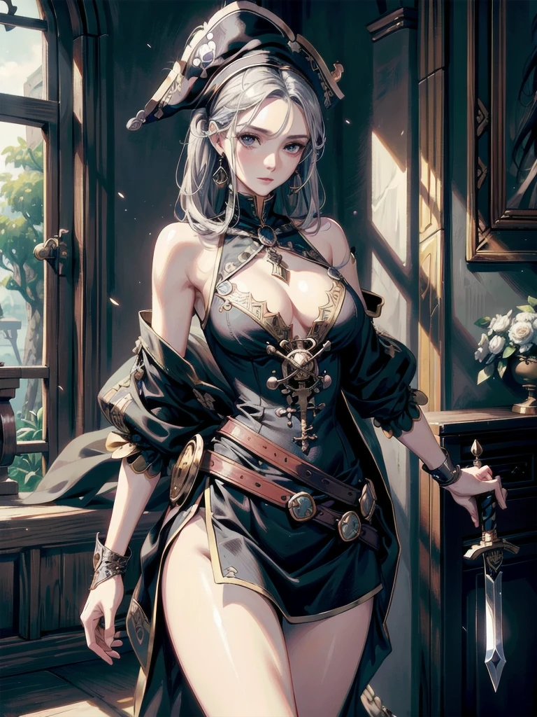 ((intricate pirate clothing)), flintlock pistol, cutlass sword, absurdres, RAW photo, extremely delicate and beautiful, masterpiece, Best Quality, ultra high resolution, 32k, hyperrealistic, ultra-detailed, perfect anatomy, super Detailed skin, perfect figure, Super Beauty, Perfect Style, Perfect balance, Beautiful Lighting, Perfect Lightning, Realistic Shadows, 20 years old, very Slim body, narrow waist, very small head, very small face, delicate facial features, handsome detailed woman, very detailed eyes and face, realistic face proportions, Realistic beautiful face, Realistic beautiful eyes, tearful mole, earring, very huge round breasts, legs, medium hair, whole body shot, indoor, 
