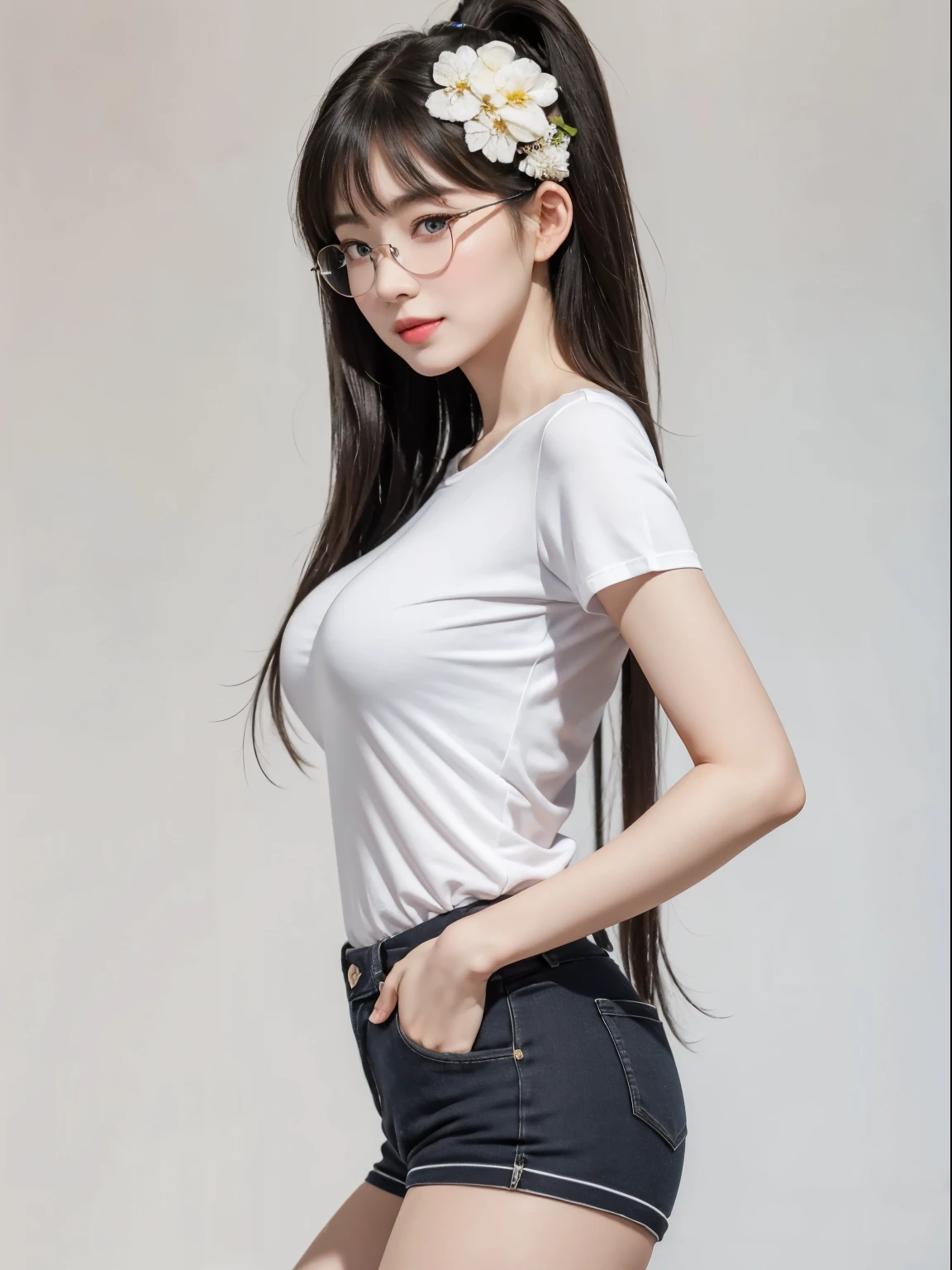 (Best quality, masterpiece, detailed), (RAW, 4k, hd images), shy, 1 girl, 17 years old, white skin, long hair, ponytail, layers hair, bangs, black hair, beautiful girl, cute girl, sweet girl, pretty girl, perfect girl, pretty eyes, blue eyes, thin lips, thin, eye line, perfect round breast, glasses(detailed frame), simple background, smile, thigh, legs, tshirt clothes, short pants, standing, side angle capture, half body, side breast