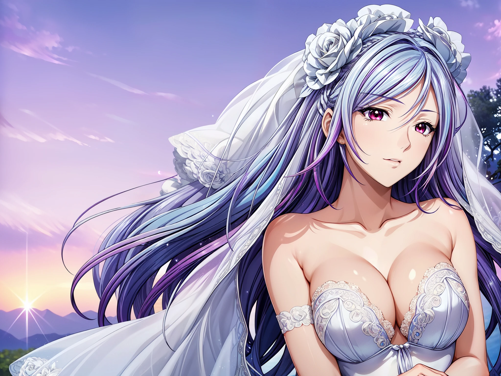 (masterpiece, best quality, beautiful and aesthetic:1.3), look back, side view, 1woman, solo, matured woman, (Silver blue hair streaked purple:1.4), (Gradient sky blue hair ends:1.6), hair strand, absurdly long hair, single sidelock, wavy hair, shiny hair, floating hair, (deep red eyes), delicate eyes, aqua eyes, super high detailed eyes, long upper eyelashes, makeup, Focus on face, Very detailed facial, Perfect breasts, hot body, (Delicate skin texture:1.2), bridal veil, lace-trimmed dress, see-through, wedding dress, outdoors, white roses, garden, morning, standing, extreme detailed,