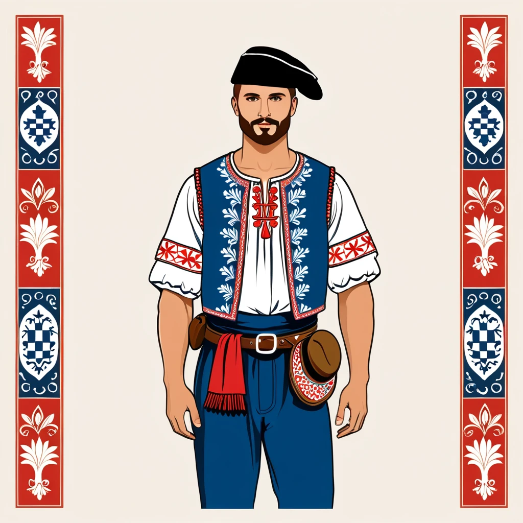 man in croatia folk outfit, vector graphics, strong contours