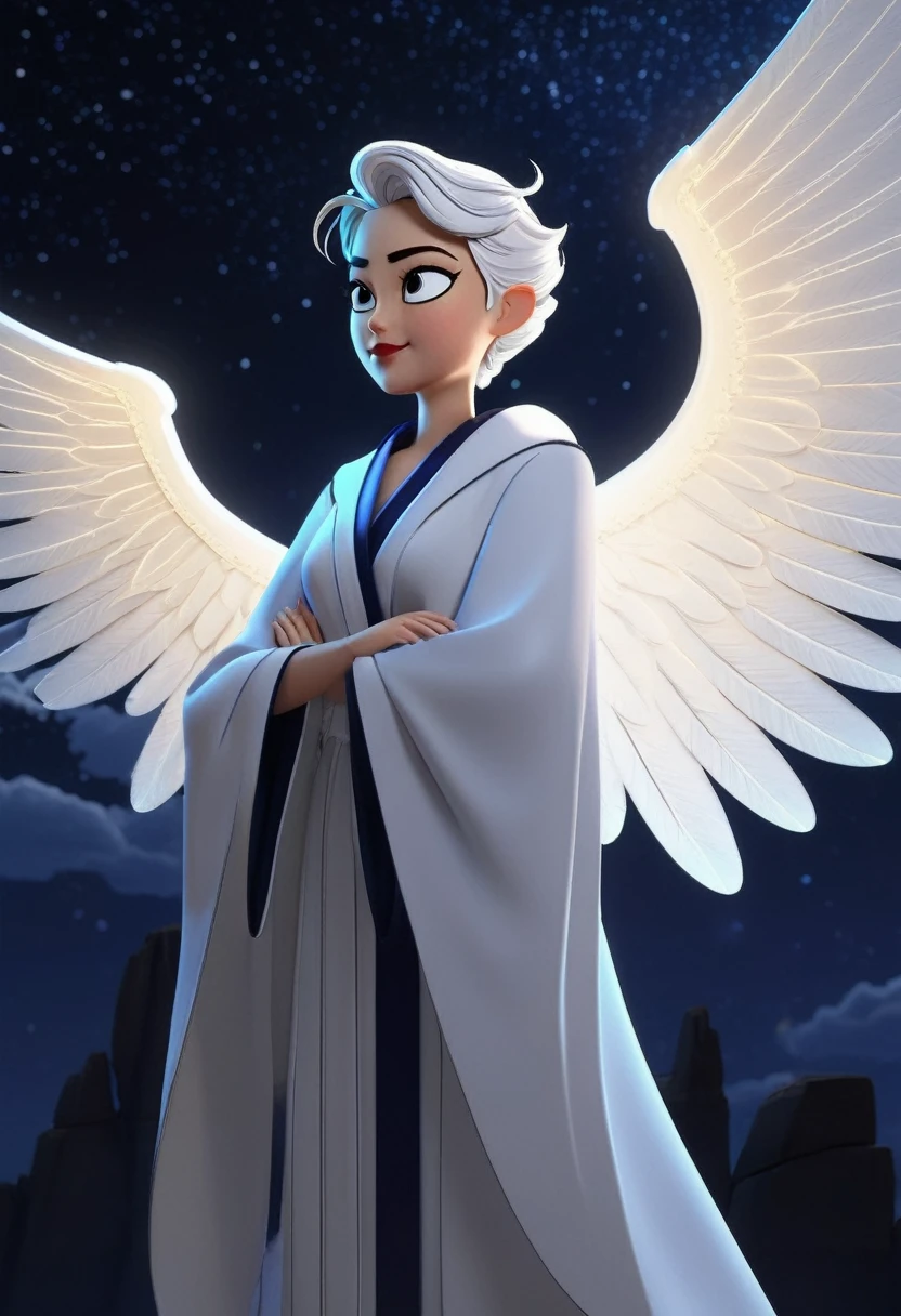 seen in profile, white robes, luminescent wings, dark indigo night sky background, in the style of comics, 8K octane render, award winning image, detailed facial features, intricate wing details, dramatic lighting, vibrant colors, dynamic composition, cinematic perspective