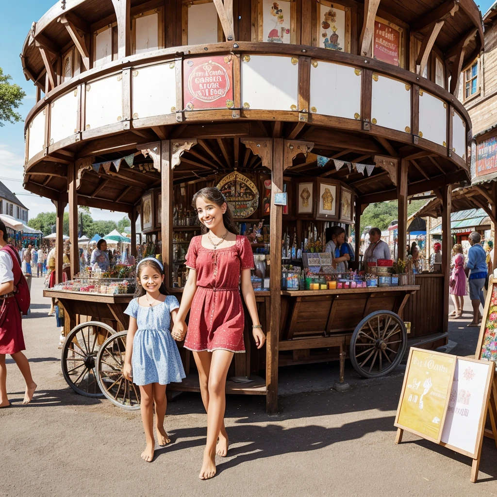 - A lively village fair with colorful stalls and festive decorations.
- A humble, barefoot girl with a hopeful expression, holding her mother's hand.
- The family standing in front of a small, quaint silver shop, its sign glinting in the sunlight.
- Displayed silver jewelry that catches the light, drawing the girl’s fascinated gaze.
- Background with a merry-go-round and other fair attractions, adding to the cheerful atmosphere
Animation
