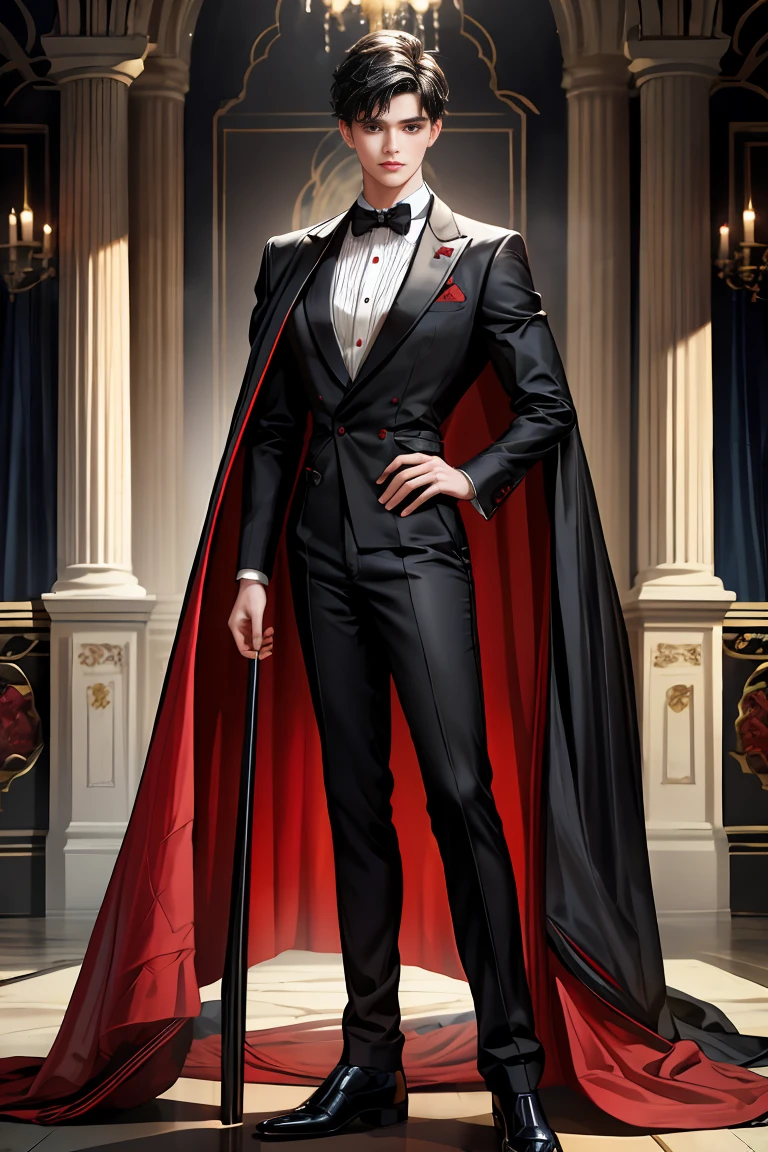 
masterpiece, 最high quality, high quality, 1 boy, alone, Male focus, Watching the audience,  Messy black hair, Adorable big blue eyes, White people, Noble, Noble,Sexy voluminous black and red cape、Tuxedo、A very voluminous, large, very large, very large, long, long red and black cape with a high stand-up collar, reaching down to the floor, made of a lot of fabric., 17 years old,Cute beautiful boys,Cute, cute, kind, handsome guy