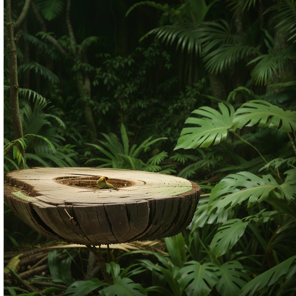 there is a bird that is sitting on a tree stump, natural realistic render, in the Tropical tree, jungle environment, Tropical tree, jungle background, located in a dense forest, forest background, tree stump, ancient wooden environment, Forest environment, jungle as background, high quality product photo, large plants in the background, forest setting, Jungle in the background, forest background