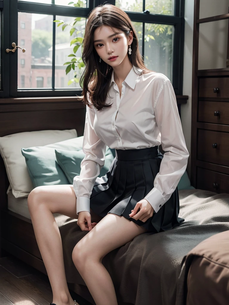 school_uniform, dress shirt, pleated skirt, absurdres, RAW photo, extremely delicate and beautiful, masterpiece, Best Quality, ultra high resolution, 32k, hyperrealistic, ultra-detailed, perfect anatomy, super Detailed skin, perfect figure, Super Beauty, Perfect Style, Perfect balance, Beautiful Lighting, Perfect Lightning, Realistic Shadows, 20 years old, very Slim body, narrow waist, very small head, very small face, delicate facial features, handsome detailed woman, very detailed eyes and face, realistic face proportions, Realistic beautiful face, Realistic beautiful eyes, tearful mole, earring, very huge round breasts, legs, medium hair, whole body shot, indoor, 