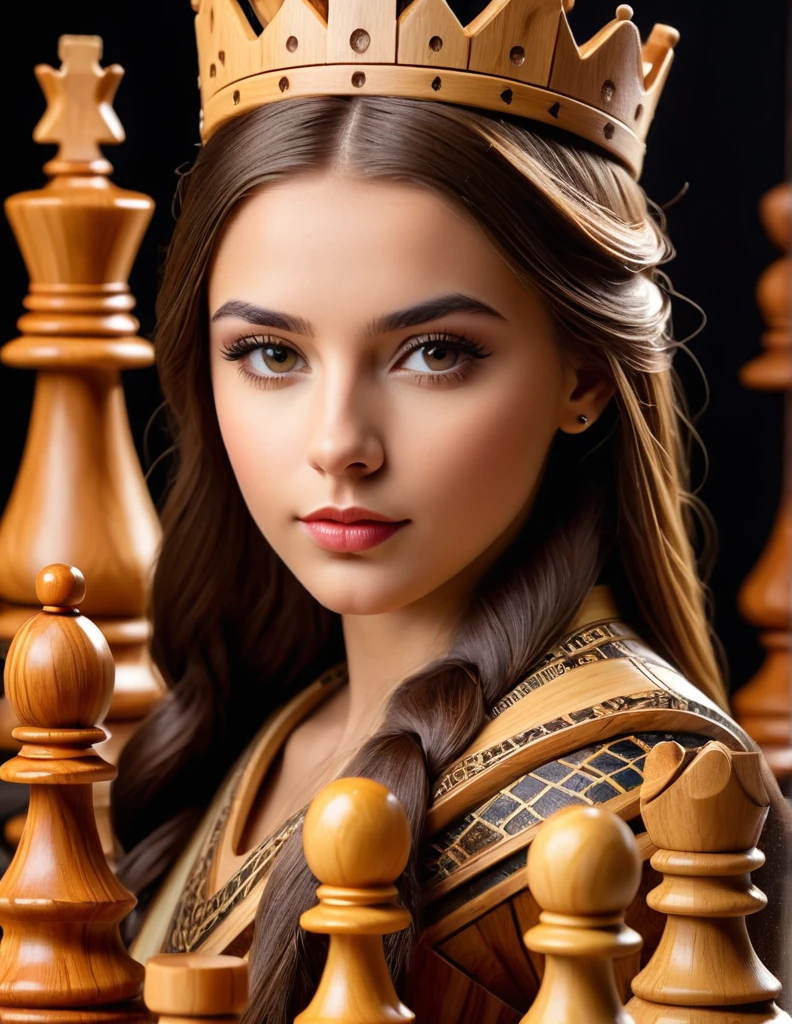 Very attractive 25 year old female , woodfigurez, chessboard, amazing looking wooden queen in focus, upper body, artistic style 