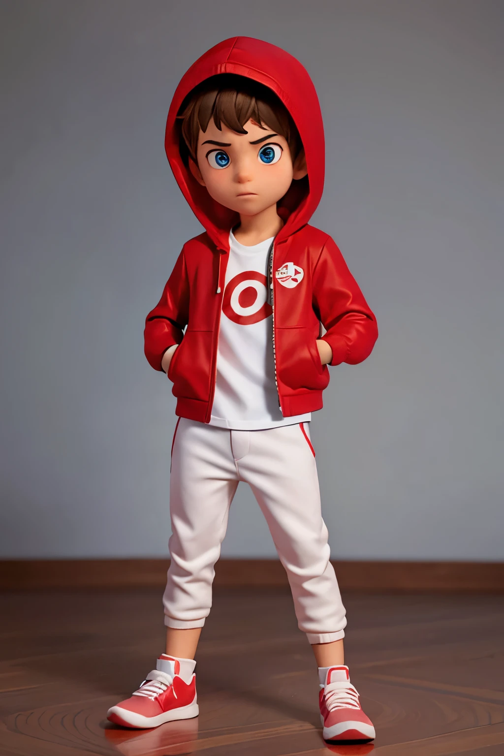 The image features a realistic boy against a dark background. The character has brown hair, blue eyes, wearing a red jacket with a hood, underneath the jacket is a white t-shirt, black pants and pink sneakers. Make him super strong and be in a power pose. The character's pose is friendly and welcoming, making it realistic