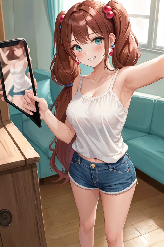 A beautiful girl taking a selfie with her phone, anime girl, inside the house, from behind, brown hair, gradient hair with red tips, long hair, twintails, wavy hair, asymmetrical bangs, shiny hair, cat hair ornament, aqua eyes, glowing eyes, one eye closed, pupils sparkling, earrings, grin, blush, seductive smile, big rounds breasts, she takes a selfie with her phone, (selfie:1.5), from below, nice and round buttocks, full body, dolphin shorts, pink camisole, high detail, anime, anime style, chiaroscuro, framed, pov, wide shot, panorama, atmospheric perspective, Wide-Angle, 85mm, Sony FE, 8k, super detail, UHD, retina, masterpiece, accurate, anatomically correct, textured skin, highres, best quality, 16k