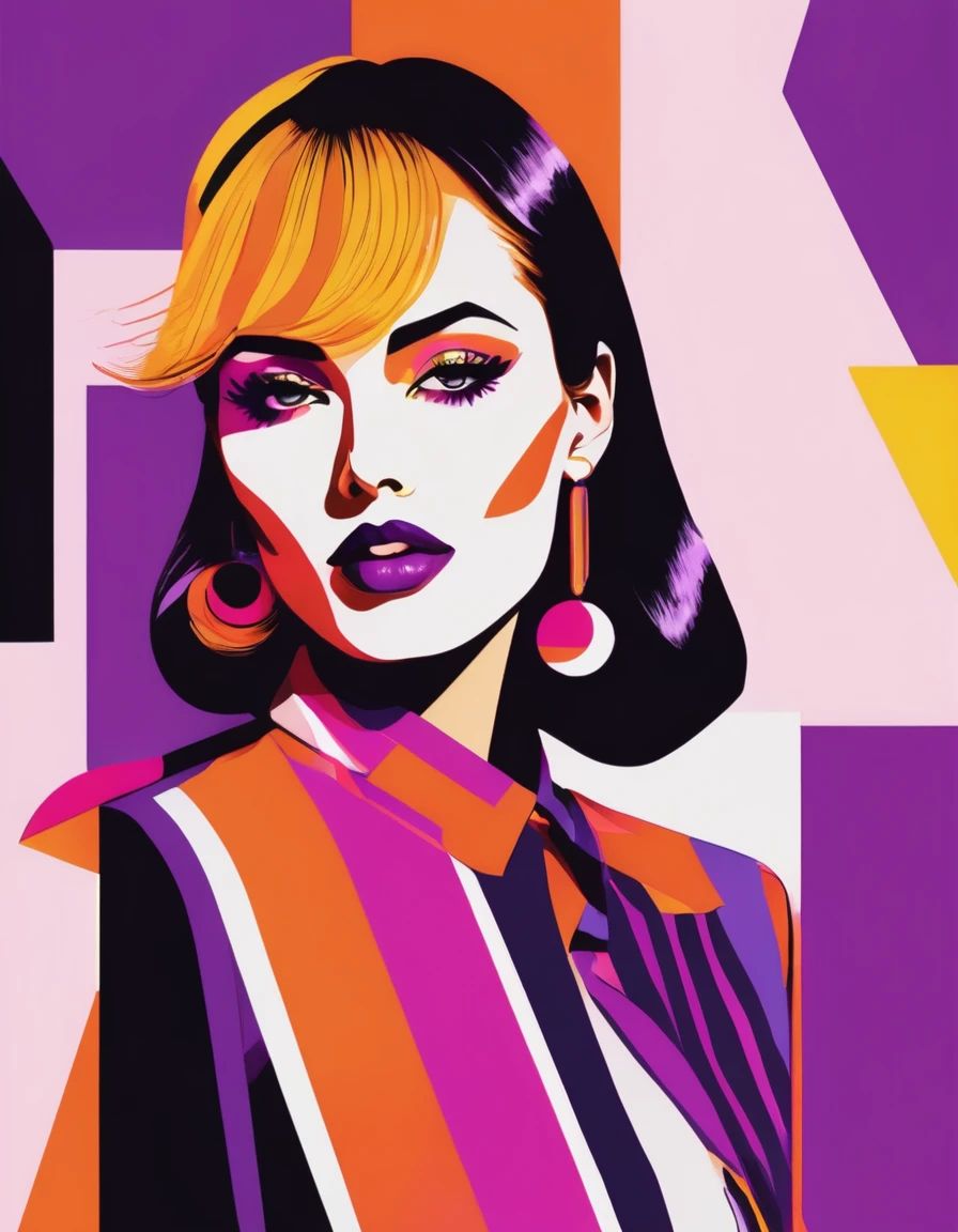 A fashion illustration of an Woman in the style of bold graphic illustrations, posing for the camera colorful shapes and curves in orange, pink, purple and yellow colors. The graphic design was inspired by pop art with pop culture references, bold color blocks and black lines in the style of classic fashion illustration 