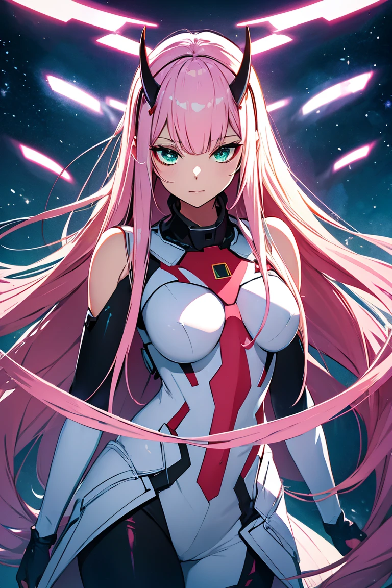 work of art, maximum quality, best qualityer, offcial art, beautiful and aesthetic, アニメ, 1 girl, zero two, extremely detaild, colorfully, More Detailed ((ultra detali)), (highly detailed CG illustration), standing alone, pink  hair, pair of horns, green eyes, long hair, (character focus), pilot outfit, naked, Science fiction, NSFW