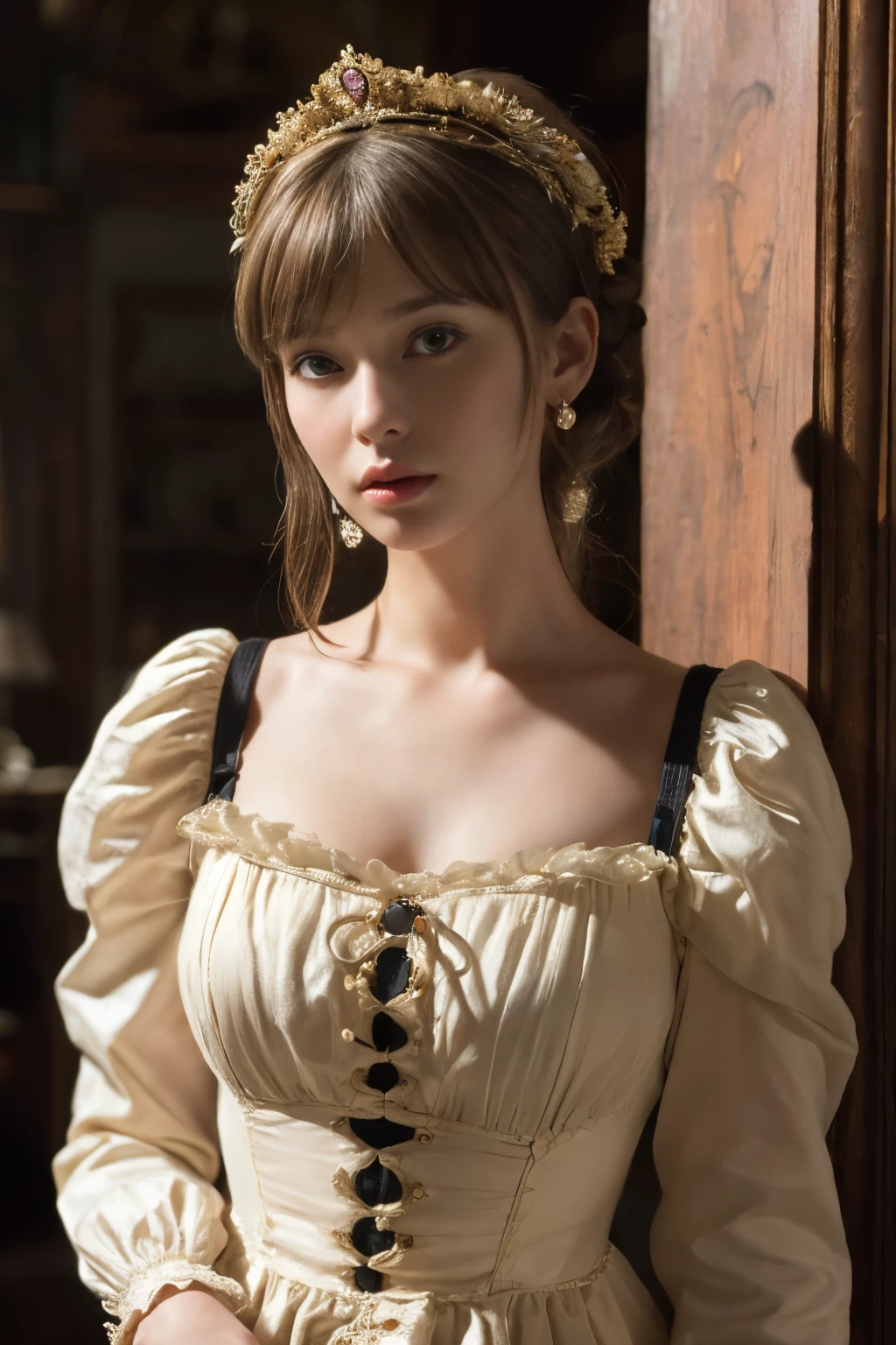 ((masterpiece:1.4, Highest quality)), (Realistic photos:1.4),
((1 girl)), (Otherworldly beauty), (dream-like),
(超High resolution:1.2), Very delicate and beautiful, wonderful, Very detailed CG Unity 8k wallpaper, Very detailed, High resolution,
Soft Light, Beautiful detailed girl, Very detailedな目と顔, Beautiful and detailed nose, Beautiful and detailed,
(Dressed in 19th century Belgian costume:1.3),
Cinema Lighting, Perfect Anatomy, Slender body, (Parted bangs),
(Vermeer's portrait of a girl:1.5),
Cowboy Shot