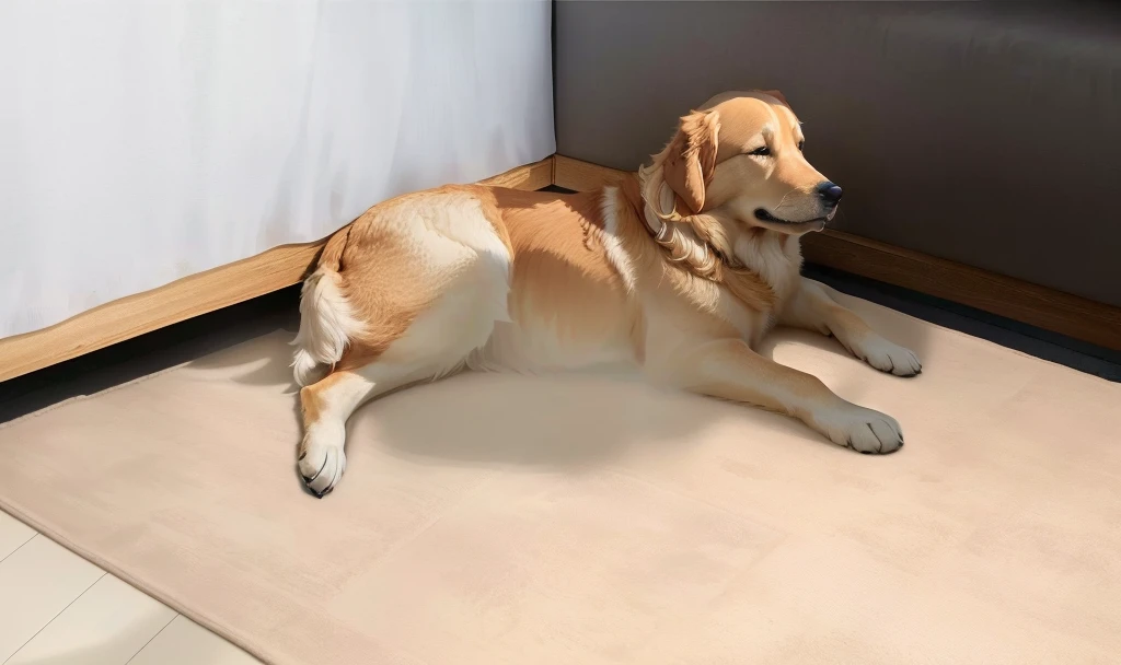 A golden retriever lying on a beige urine blanket,Wood color floor,Warm indoor environment,corner里放着植物,Natural light and shadow,Ultra-realistic scene map,High-end,there is a dog that is laying down on the floor, Soft - warm, Canines, pet, Soft!!, 480p, 4 8 0 points, cornered like an animal, dog sleeping, Light brown, Bird's eye view, , dog, blanket, corner, corners, Dynamic!!, k9, Brown, Brown tone