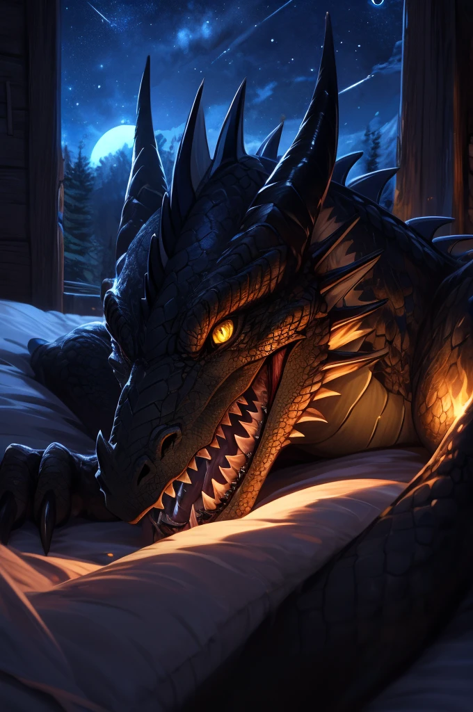 Dragon.Wild.Sharp teeth.Huge body.Muscular.scales.Open Mouth.saliva.tongue.Upper body close-up.Big yellow eyes.Selfie.(((Lying in bed))).National costume.night.((Tilted camera.))Bedroom.Log House.force.prey.sense of distance.window.Starry Sky.Atmospheric Darkness.Very dark.Moonlight.(masterpiece.Highest quality.)