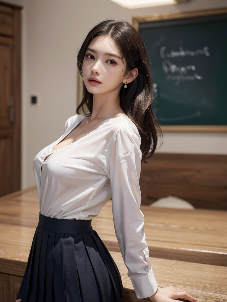 absurdres, RAW photo, extremely delicate and beautiful, masterpiece, Best Quality, ultra high resolution, 32k, hyperrealistic, ultra-detailed, perfect anatomy, super Detailed skin, perfect figure, Super Beauty, Perfect Style, Perfect balance, Beautiful Lighting, Perfect Lightning, Realistic Shadows, 20 years old, very Slim body, narrow waist, very small head, very small face, delicate facial features, handsome detailed woman, very detailed eyes and face, realistic face proportions, Realistic beautiful face, Realistic beautiful eyes, tearful mole, earring, very huge round breasts, legs, medium hair, whole body shot, indoor, school_uniform, dress shirt, pleated skirt,