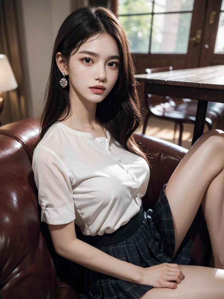 absurdres, RAW photo, extremely delicate and beautiful, masterpiece, Best Quality, ultra high resolution, 32k, hyperrealistic, ultra-detailed, perfect anatomy, super Detailed skin, perfect figure, Super Beauty, Perfect Style, Perfect balance, Beautiful Lighting, Perfect Lightning, Realistic Shadows, 20 years old, very Slim body, narrow waist, very small head, very small face, delicate facial features, handsome detailed woman, very detailed eyes and face, realistic face proportions, Realistic beautiful face, Realistic beautiful eyes, tearful mole, earring, very huge round breasts, legs, medium hair, whole body shot, indoor, school_uniform, dress shirt, pleated skirt,