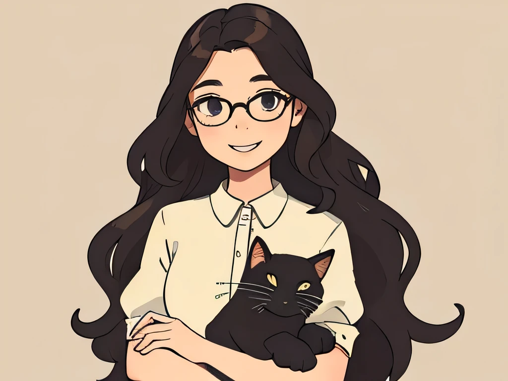 illustration, portrait of a girl having long wavy hairs, wearing spectacles, standing ,smiling, holding a cat
