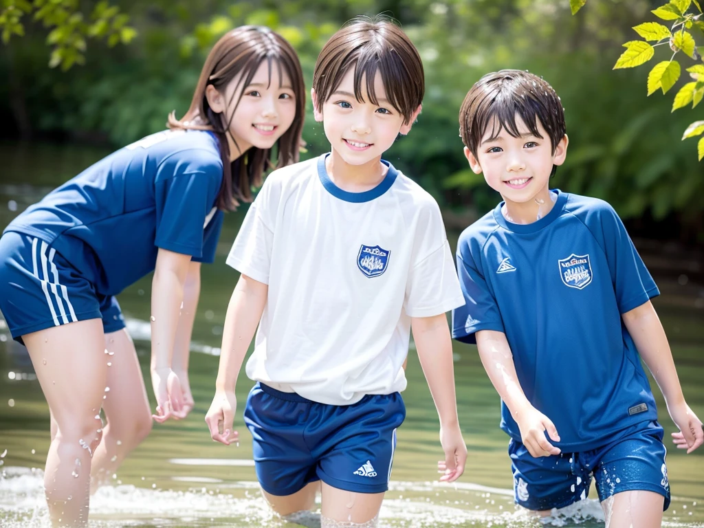 In the forest、 in the countryside、Swimming in the river、Bathing in water、Cute eletary boy、Boy in gym clothes、The bottom of the white T-shirt is blue、Blue shorts、The boys are playing、Get wet all over、Noisy boys、Splashing Water、Japanese、(Boy 1.4)、high resolution、Highest quality