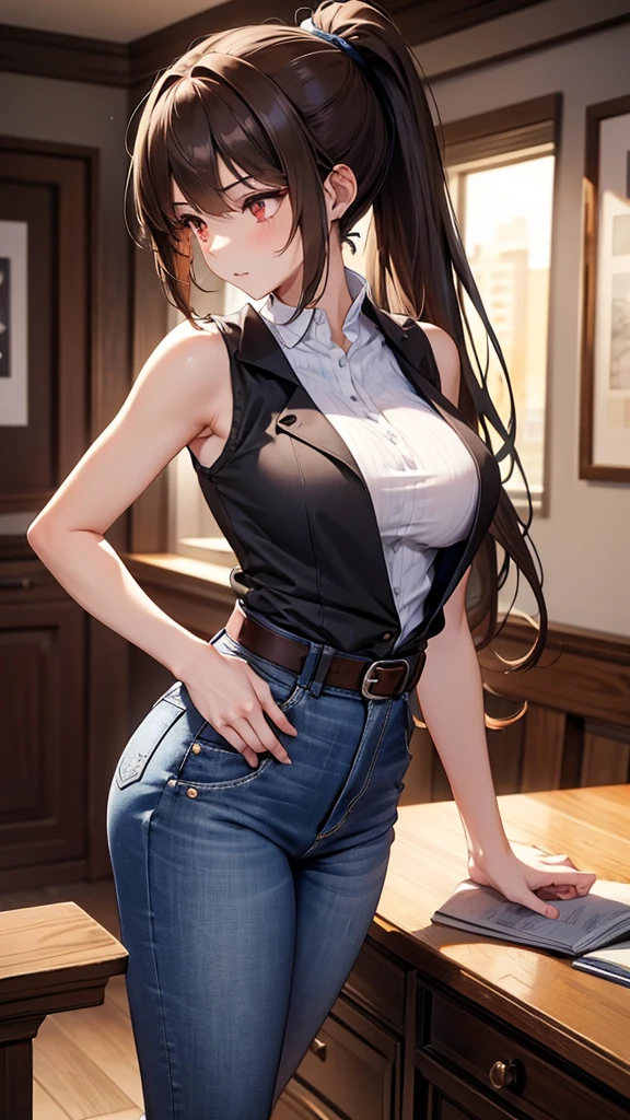 A tall girl, sexy, big breast, beautiful, cute, long brown hair, ponytail, red eye, she wears a white shirt under a short sleeveless black vest and blue jeans, a brown belt, a black heel. 