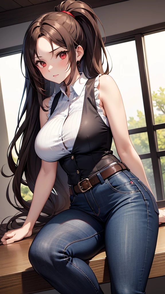 A tall girl, sexy, big breast, beautiful, cute, long brown hair, ponytail, red eye, she wears a white shirt under a short sleeveless black vest and blue jeans, a brown belt, a black heel. 