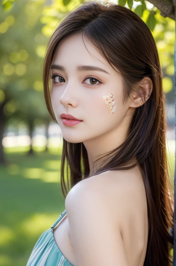 best quality, masterpiece, Ultra-fine high resolution, (Practical: 1.4),outdoor, (2 girls: 1.2), (portrait,Upper Body:1.2) ,(2 girls,Back to Back,Stand under a big tree: 1.4),Thin body, High school girl, (from the side), (best quality:1.4), 32k resolution, (Practical:1.5), (超Practical:1.5), High resolution 32k UHD, (masterpiece:1.2)), (quality improvement:1.4), (Very nice facial details), (best quality realistic skin texture:1.4),Dresses of different colors