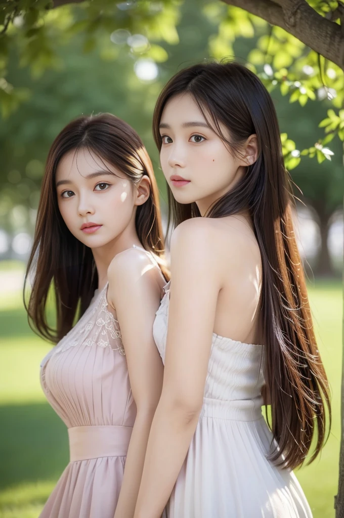 best quality, masterpiece, Ultra-fine high resolution, (Practical: 1.4),outdoor, (2 girls: 1.2), (portrait,Upper Body:1.2) ,(2 girls,Back to Back,Stand under a big tree: 1.4),Thin body, High school girl, (from the side), (best quality:1.4), 32k resolution, (Practical:1.5), (超Practical:1.5), High resolution 32k UHD, (masterpiece:1.2)), (quality improvement:1.4), (Very nice facial details), (best quality realistic skin texture:1.4),Dresses of different colors