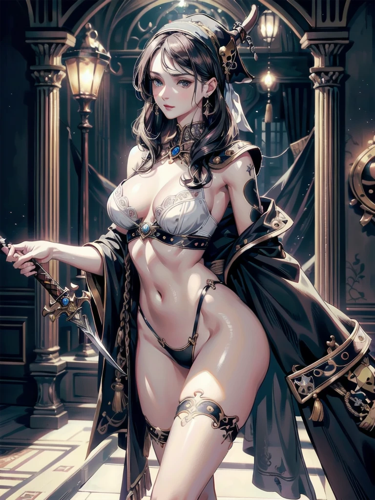 absurdres, RAW photo, extremely delicate and beautiful, masterpiece, Best Quality, ultra high resolution, 32k, hyperrealistic, ultra-detailed, perfect anatomy, super Detailed skin, perfect figure, Super Beauty, Perfect Style, Perfect balance, Beautiful Lighting, Perfect Lightning, Realistic Shadows, 20 years old, very Slim body, narrow waist, very small head, very small face, delicate facial features, handsome detailed woman, very detailed eyes and face, realistic face proportions, Realistic beautiful face, Realistic beautiful eyes, tearful mole, earring, very huge round breasts, legs, medium hair, whole body shot, indoor, ((intricate pirate clothing)), flintlock pistol, cutlass sword,