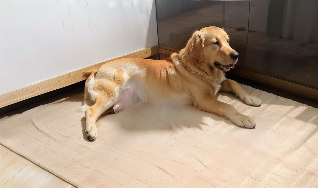 A golden retriever lying on a beige urine blanket,Wood color floor,Warm indoor environment,corner里放着植物,Natural light and shadow,Ultra-realistic scene map,High-end,there is a dog that is laying down on the floor, Soft - warm, Canines, , Soft!!, 480p, 4 8 0 points, cornered like an animal, dog sleeping, Light brown, Bird's eye view, , dog, blanket, corner, corners, Dynamic!!, k9, Brown, Brown tone