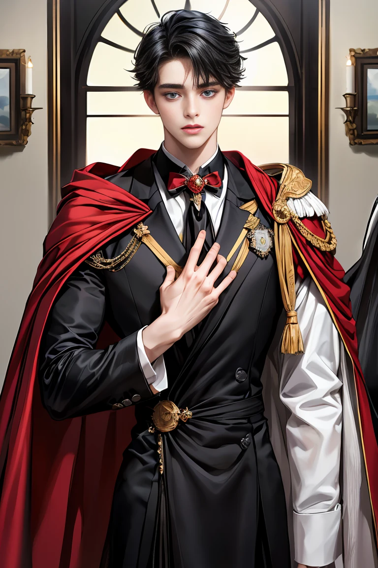 masterpiece, 最high quality, high quality, 1 boy, alone, Male focus, Watching the audience, Messy black hair, Adorable big blue eyes, White people, Noble, Noble,Sexy voluminous black and red cape、Tuxedo、A very voluminous, large, very large, very large, long, long red and black cape with a high stand-up collar, reaching down to the floor, made of a lot of fabric., ,Cute beautiful boys,Cute, cute, kind, handsome guy