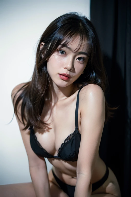 masterpiece, best quality, Very detailed, Facing the camera, 複雑に詳細なVery detailed, Practical, Distinctive features, Very detailed, Clear focus, Perfect face, Perfect face, Perfect eyes with perfect symmetry, Perfect plump lips, Flexible female form, Movie, lamp, Very detailed, hyper Practical, masterpiece, atmosphere, high resolution, Energetic, 动态工作室lamp光, ((Dark background)), Endure the expression of happiness, Straight bangs, blue eyes,Expression of sexual arousal、Her black thong can be seen through the fabric、(((，Lean forward))),((Shotgun))