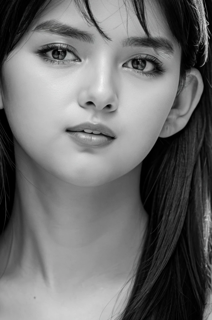 masterpiece, Best Quality, Photorealsitic, Ultra-detailed, finely detail, high resolution, 8k wallpaper, Professional, high level of detail, ((Monochrome photography)), 1girl in, ((Facing the front)), ((Vermilion lips)), Detailed clavicle, face perfect, straight haired
