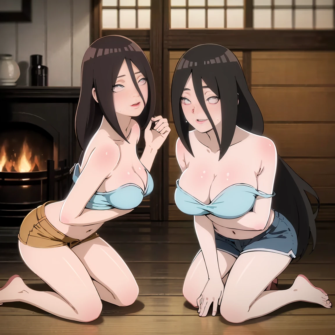 masterpiece, Very detailed, best quality, Ultra-high resolution, 1 Girl, Solitary, （Snow outside the window，exist（bamboo basket）by the fire，Sweating，blush），(中等breast), breast, (Hana and Hinata:1), (White shirt，shorts，Kneeling), cleveage, From the front，sit，exist沙发上，black eyes，White eyes，（（living room，））