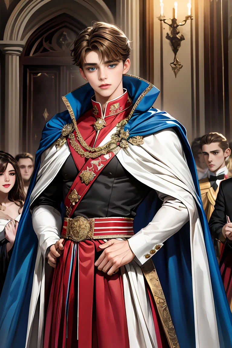 masterpiece, 最high quality, high quality, 1 boy, alone, Male focus, Watching the audience, Messy brown hair, Adorable big blue eyes, White, Noble, Noble,Sexy voluminous cape、vampire、A very voluminous, large, very large, very large, long, long red and black cape with a high stand-up collar, made of a lot of fabric that reaches down to the floor., ,Cute beautiful boys,Cute, cute, kind, handsome guy