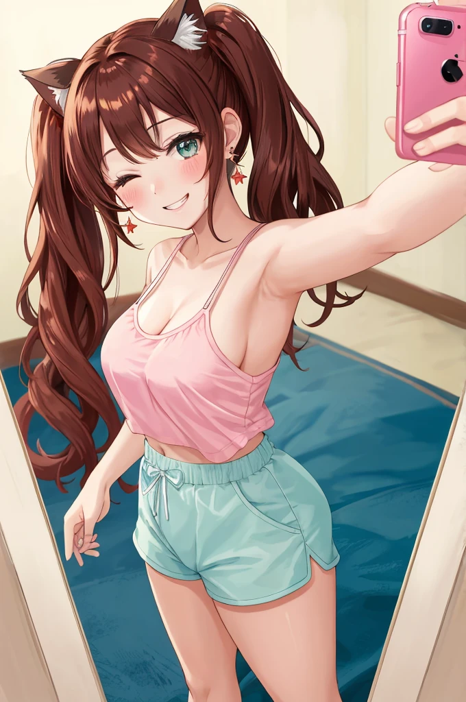 A beautiful girl taking a selfie with her phone, anime girl, inside the house, from behind, brown hair, gradient hair with red tips, long hair, twintails, wavy hair, asymmetrical bangs, shiny hair, cat hair ornament, aqua eyes, glowing eyes, one eye closed, pupils sparkling, earrings, grin, blush, seductive smile, big rounds breasts, she takes a selfie with her phone, (selfie:1.5), shows her back, from below, nice and round buttocks, full body, dolphin shorts, pink camisole, high detail, anime, anime style, chiaroscuro, framed, pov, wide shot, panorama, atmospheric perspective, Wide-Angle, 85mm, Sony FE, 8k, super detail, UHD, retina, masterpiece, accurate, anatomically correct, textured skin, highres, best quality, 16k