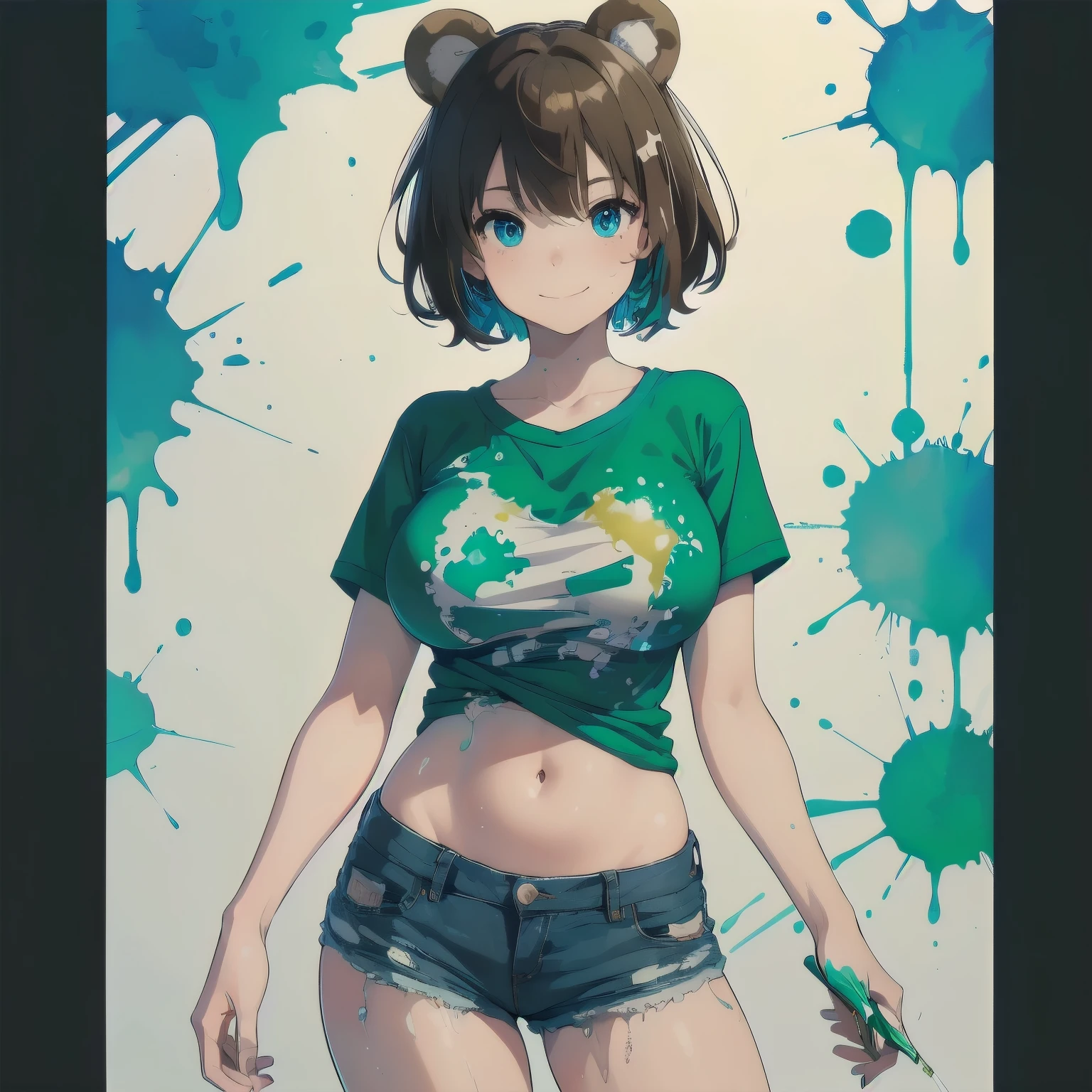 (masterpiece), 1girl, solo, best quality, expressive eyes, perfect face, best quality, kemonomimi, bear ears, animal ears, brown hair, short hair, messy_hair, blue eyes BREAK freckles, green shirt, huge breasts, hourglass figure, short sleeves, navel, Denim shorts, standing, smile, closed mouth, standing, (paint splatter, splatter), (dripping, colorful, watercolor), simple background, smile, grin, looking at viewer