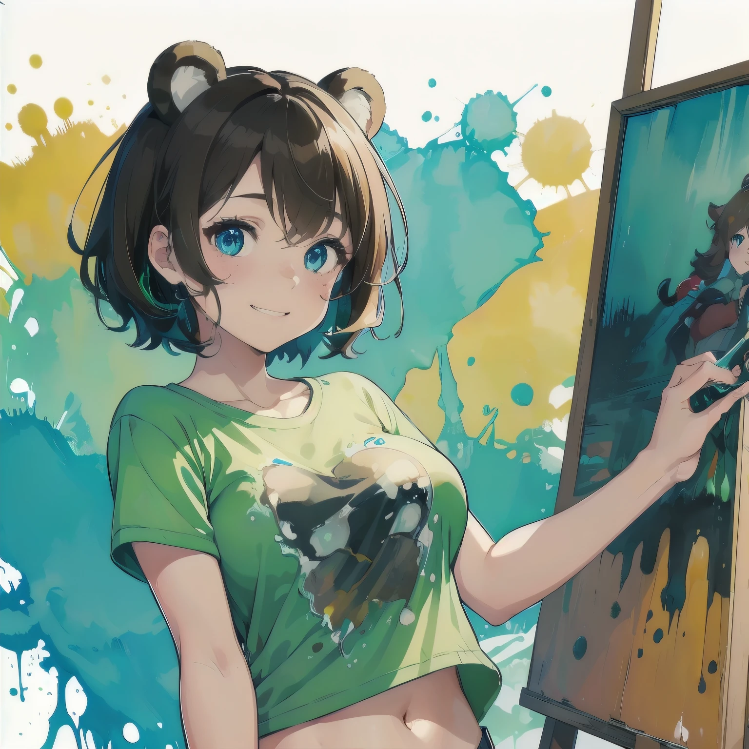 (masterpiece), 1girl, solo, best quality, expressive eyes, perfect face, best quality, kemonomimi, bear ears, animal ears, brown hair, short hair, messy_hair, blue eyes BREAK freckles, green shirt, huge breasts, hourglass figure, short sleeves, navel, Denim shorts, standing, smile, closed mouth, standing, (paint splatter, splatter), (dripping, colorful, watercolor), simple background, smile, grin, looking at viewer 