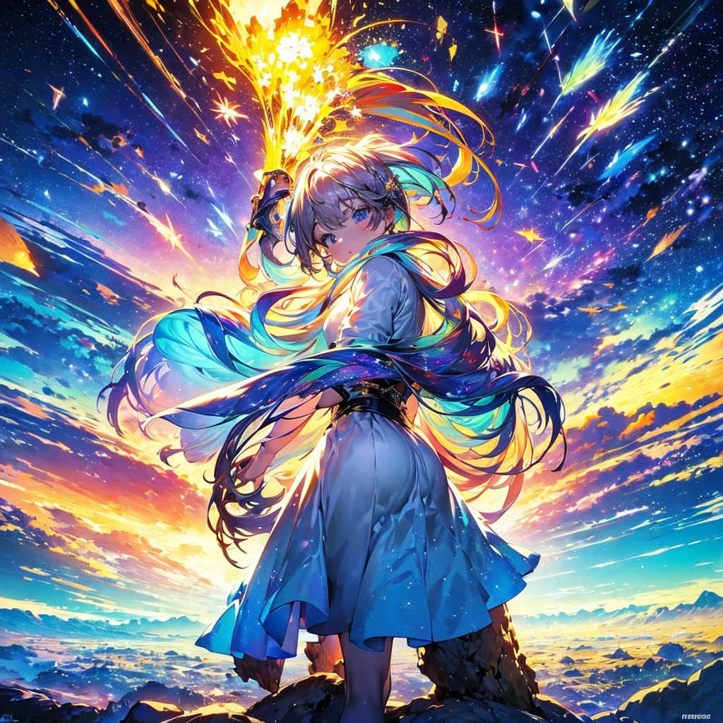 An unprecedentedly powerful world, a masterpiece, the highest quality, ultra-fine (256 intertwined colors, a world wrapped in multiple vortices, mosaic art, an extremely small glass background, combined with small square cuts, the whole body of a girl looking up at the backlight), Reaching into this world (unprecedented colorful admiration, moving and delicate landscapes), Lassen's world view of color,