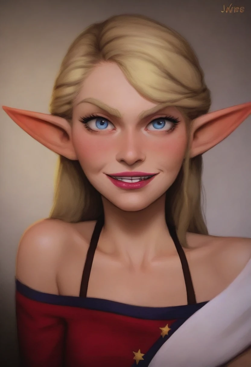 ((masterpiece, best quality)), 1 female elf smirks, detailed face, lipstick, upper body: bare shoulders, skinny 