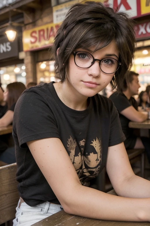 rough raw street photography, Simple pure earthy young round-faced woman, black punk t-shirt, very tousled dark brown tousled short hair, Glasses, golden brown eyes, sitting in a busy, crowded street eatery, снято на Canon EOS 5D Mark IV