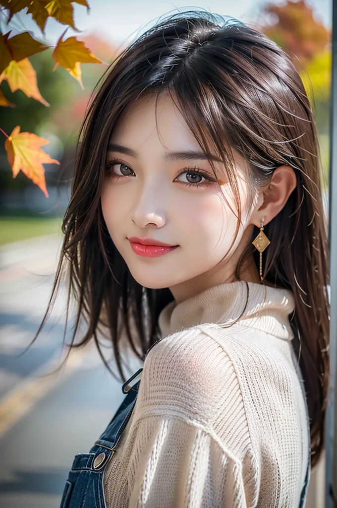 (RAW shooting), (((Overall image)))、３５age、((Red sweater with high neck))、White scarf around neck、Long thin earrings、Round eyes、Cheek on ear、correct、make、smile、Biting the lower lip、（((Close one eye and wink)))、Soft lips、誘惑的なsmile、Sparkle、Darker lipstick、Cheek on nose、(Autumn leaves)、((Watery eyes))、Asymmetrical Hair、Real Skin、Blonde Hair、Very realistic,Gray Hair、Messy Hair、Hair behind the ear、Floating Hair、Boyish Hair、Blunt bangs、Drop Shadow、Hyperrealism、Contemporary Art、shine、reflected light、Ultra Wide Angle、16K、Super detailed、最high quality、uhd、Anatomically correct、Awards、最high quality、Ultra high detail、high quality、High resolution、Textured skin、correct、masterpiece、Cold Pose：1）、